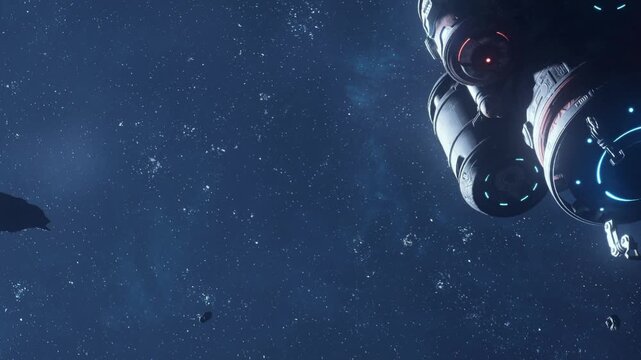 A spaceship navigates through an asteroid field in deep space at night. Bright stars fill the background. Asteroids of various sizes float nearby.