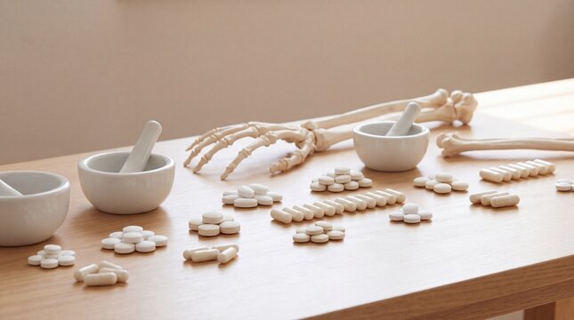 Health Supplements, A neat arrangement of calcium supplement pills emphasizing bone health