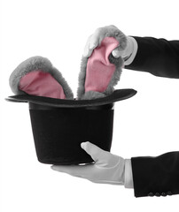 Obraz premium Magic trick and illusion, magician pulling fluffy rabbit ears from a black top hat for entertainment and performance art isolated on white background