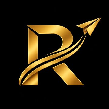 Golden letter R logo design with sleek flying paper airplane and dynamic swoosh trails for travel agency or logistics branding.