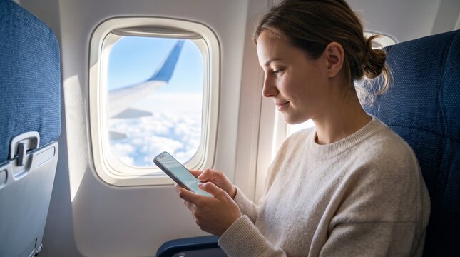 Woman using smartphone on airplane beside window with clouds below. Air passenger browsing and mobile communication. In-flight connectivity, digital travel and personal technology.
