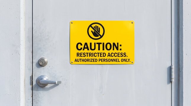 Yellow restricted access warning sign on a closed door. Authorized personnel only notice for controlled areas. Workplace security and safety policy. Facility access control.