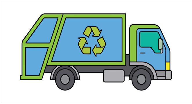 A recycling truck illustration features a blue and green vehicle with a prominent recycling symbol on its side waste collection disposal transport environment eco friendly sustainability
