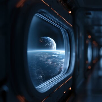 View of a luminous planet rising above the horizon of an Earth-like world seen through the window of a futuristic spaceship interior in deep space exploration m