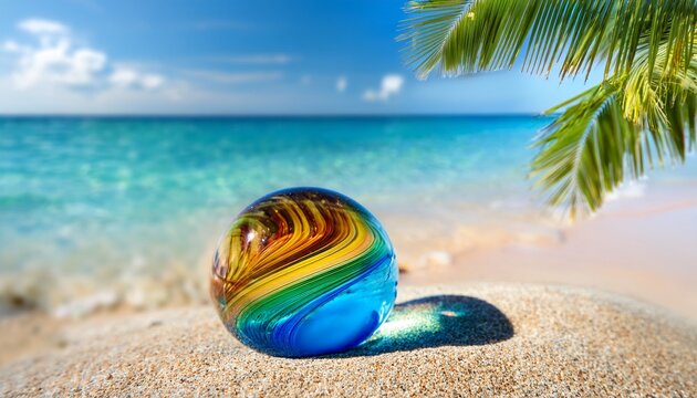 colorful glass marble on sunny beach with vivid blue sea and palm tree blur joyful summer scene