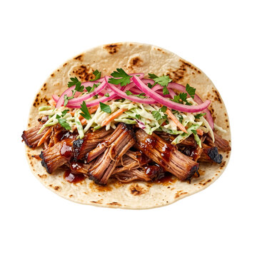 Pulled pork taco with barbecue sauce and coleslaw isolated on a transparent background