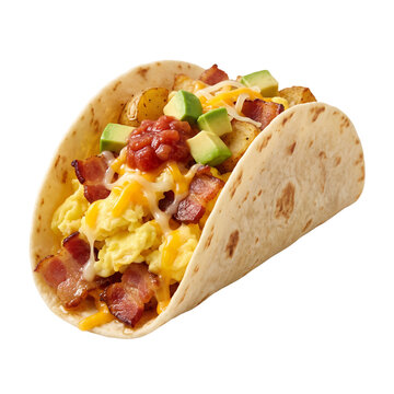 Breakfast taco with scrambled eggs bacon potato avocado and cheese on a transparent background