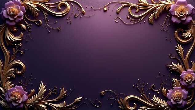 Elegant dark floral border frame with gold and purple luxury metallic rose flower details