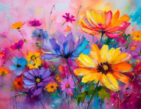 colorful watercolor floral painting pink background yellow orange blue purple flowers impressionist brushstroke