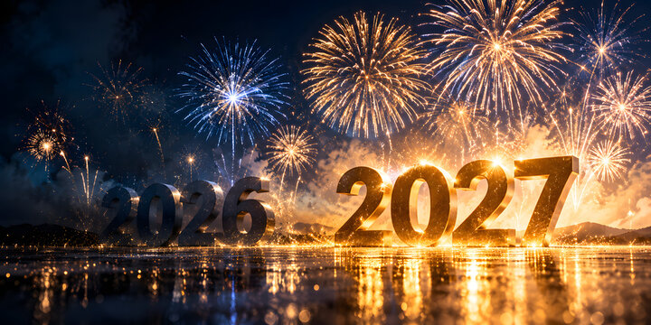Photorealistic New Year 2027 celebration with glowing 2027 replacing fading 2026, spectacular fireworks, golden reflections and dramatic night atmosphere.