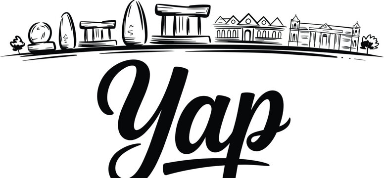 Yap skyline vector illustration with hand drawn urban architecture landmarks and typography text elements isolated