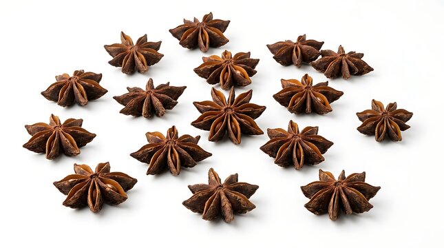 Star Anise Spice Collection: A scattered arrangement of star anise spice pods, showcasing their distinctive eight-pointed shape and aromatic appeal, perfect for culinary and aromatic uses.
