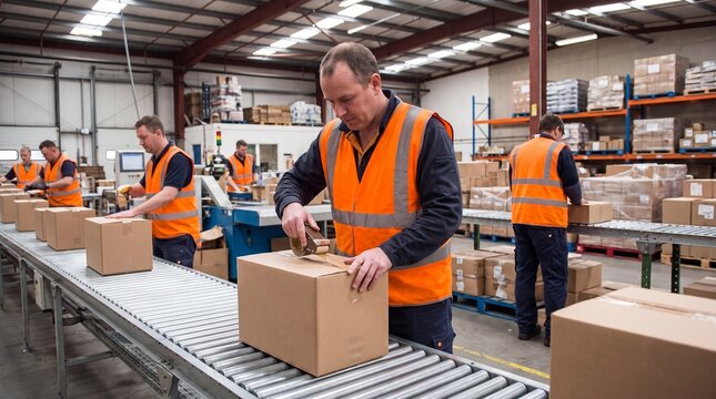 Warehouse Operations, A diligent worker in a safety vest packs boxes on a busy conveyor belt