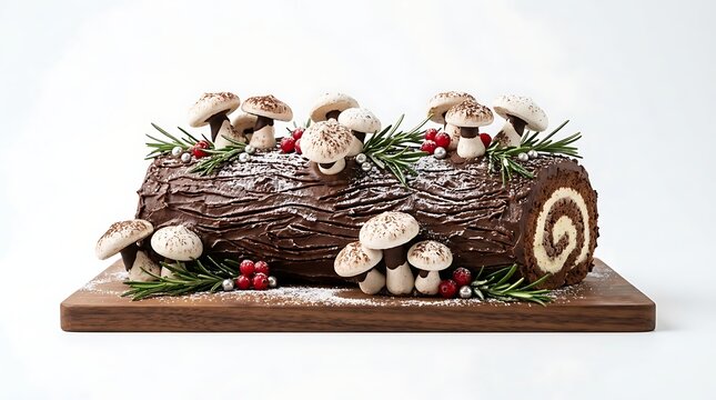 Chocolate Yule Log Cake: A festive chocolate yule log cake, decorated with meringue mushrooms, rosemary sprigs, and red berries, sits on a wooden board, ready for a holiday celebration.