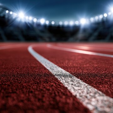 Evening stadium track illuminated by bright floodlights with empty blurred stands and textured red running lanes in focus
