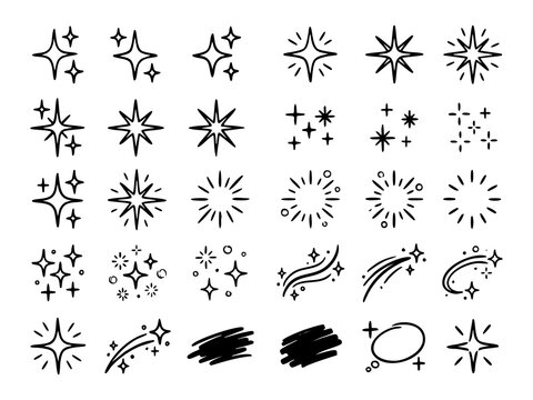 Sparkle and star doodles set in black ink for decorative graphic design projects.