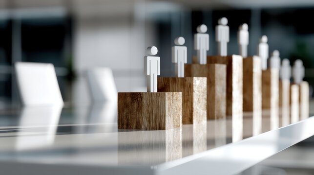 Wooden blocks with stylized human figures arranged in ascending order symbolizing career growth and business hierarchy in a modern office setting