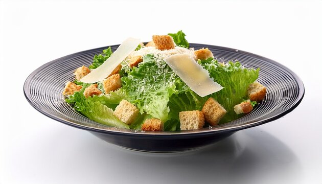 fresh caesar salad with parmesan cheese and croutons on white background