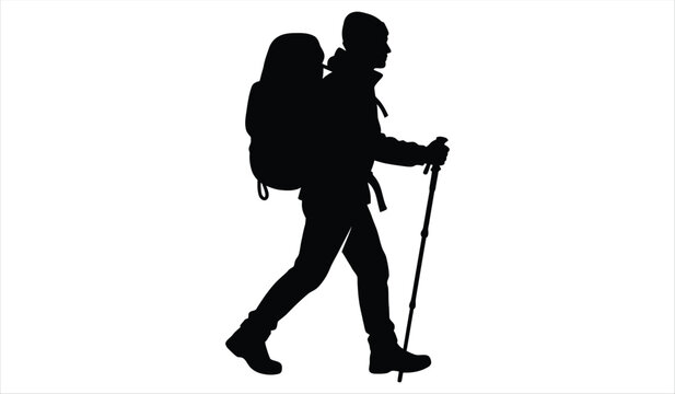 Hiker silhouette walking with poles and backpack vector graphic