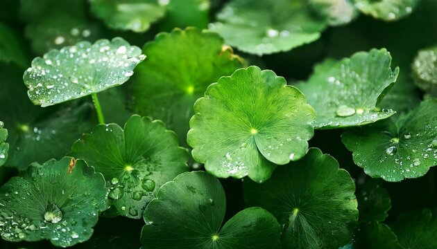 lush green gotu kola leaves adorned with sparkling water droplets after rain