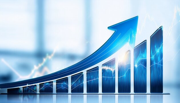 a blue arrow pointing upwards on an upward graph of stock market or growth chart representing the concept of rising phil m alvarez style