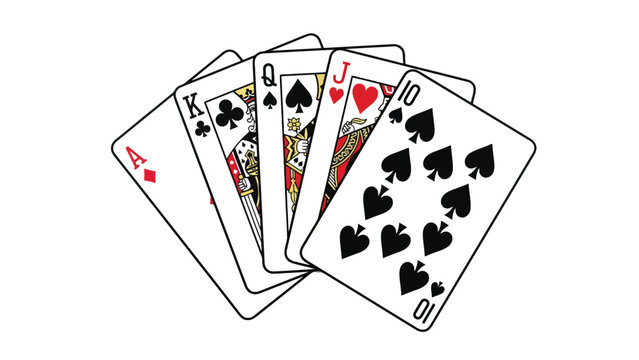 Royal flush poker hand showing high ranking cards arranged neatly on bright white surface