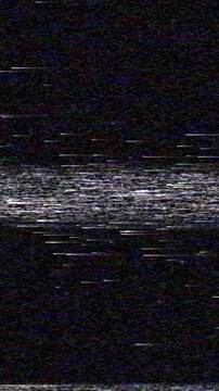VHS tape damage overlay on black, analog video noise, dropouts, tracking error band and head switching lines, vertical video seamless loop
