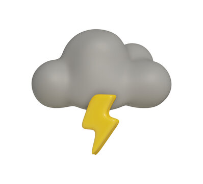 3D Storm Cloud with Lightning Bolt Icon Cute soft clay style illustration of gray cloud with single yellow lightning minimal weather symbol perfect for apps web warning signs