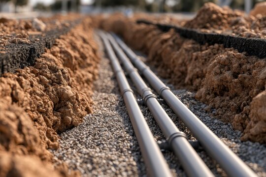 Trench with multiple parallel pipes installed on gravel bed ready for covering in an outdoor construction site under daylight conditions