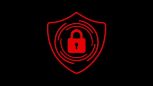 Red neon cyber security shield icon with glowing padlock animation for data protection and digital privacy concepts
