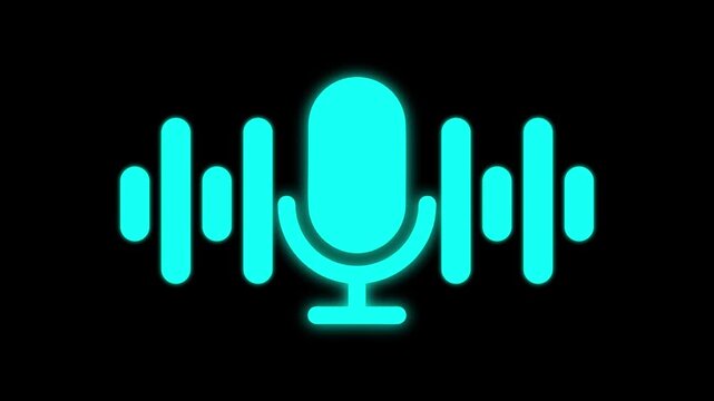 Neon cyan microphone icon with pulsing audio waveform animation for podcast and media branding