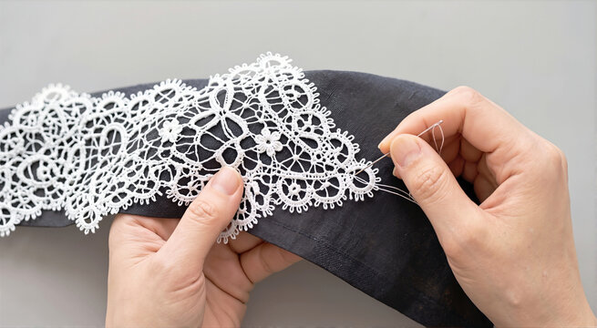 Hands sewing delicate white lace embroidery onto dark gray linen fabric. Close-up of needlework and handcrafting process