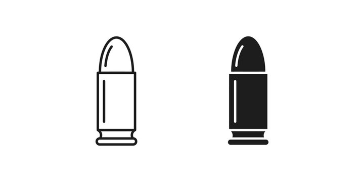 Bullet ammunition icon set with outline and solid black designs for military weapon and shooting sports visualization.