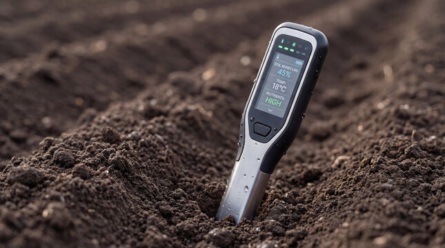 Digital soil sensor probe embedded in rich earth, showing real-time moisture monitoring for precision farming and sustainable crop care