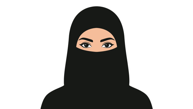 Muslim woman wearing traditional black niqab and hijab headscarf, digital vector illustration artwork portrait