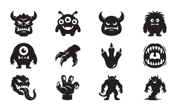 Cartoon monster face and claw silhouette icons featuring horned demons and hairy creature designs.
