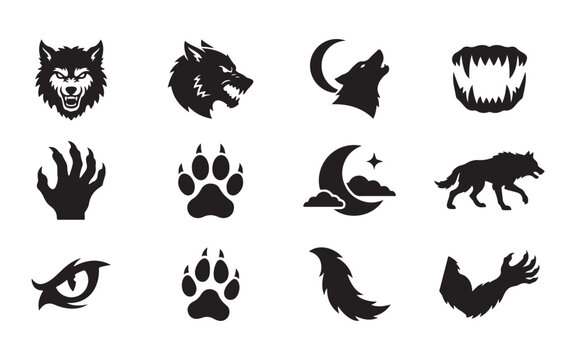 Black werewolf and wolf vector silhouette set with moon and paws perfect for horror design elements.