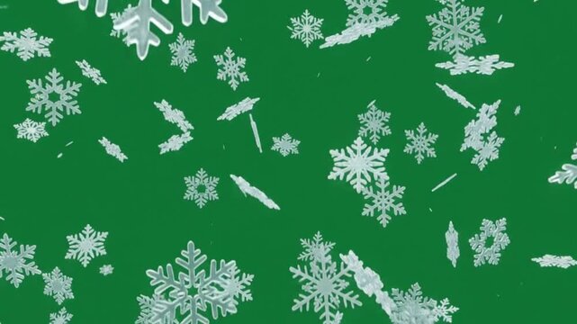 Falling Snowflakes on Green Background: A beautiful display of intricate snowflakes falling gently against a vibrant green backdrop, creating a festive and wintry atmosphere.