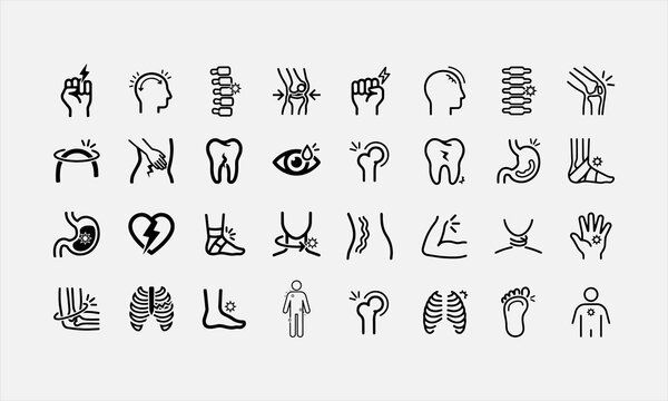Body pain icons set. contain icons related to body pain, injury, headache, heartache vector illustration