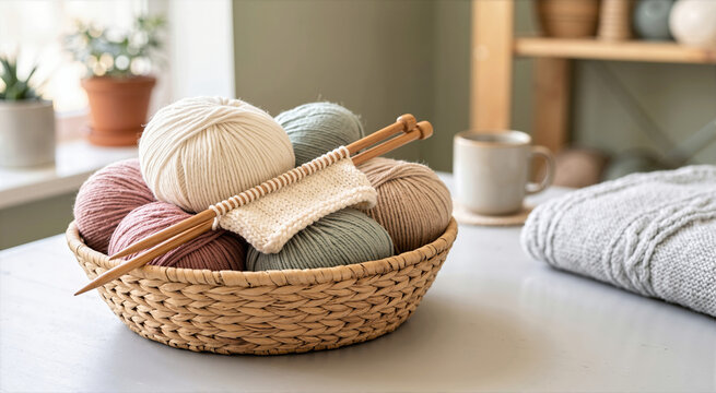 Pastel merino wool yarn balls and wooden knitting needles in a woven basket. Cozy knitting project on a studio tabletop with a warm blanket and mug