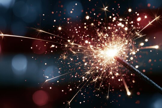 Bright sparkling firework stick emitting glowing golden sparks and light bursts against a dark blurred background during a celebration event