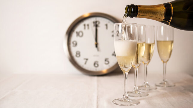 Champagne pouring into glasses with clock showing midnight for New Year celebration
