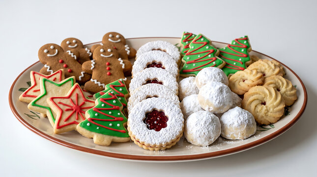 Assortment of festive Christmas cookies on a decorative plate
