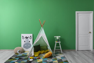 Childhood development and play, cozy kids playroom interior with teepee tent and educational toys for creative learning and early childhood education © Pixel-Shot