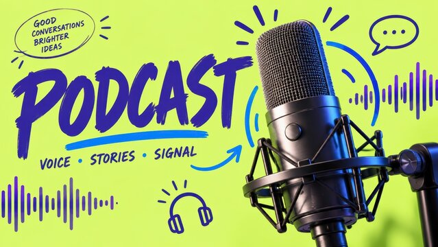 Podcast microphone with audio wave graphics broadcasting media