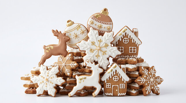 Christmas gingerbread cookies decorated with royal icing and gold leaf