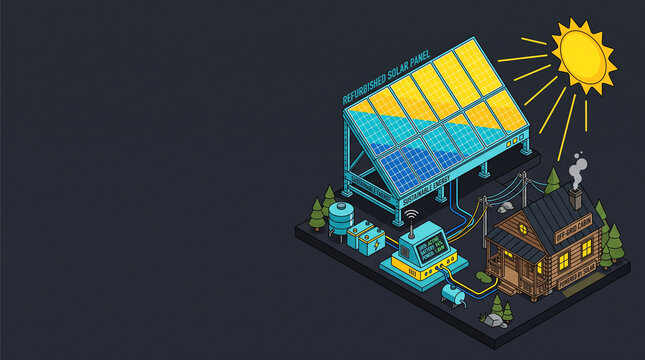 Isometric vector illustration of second life solar panel and off grid renewable energy with copy space