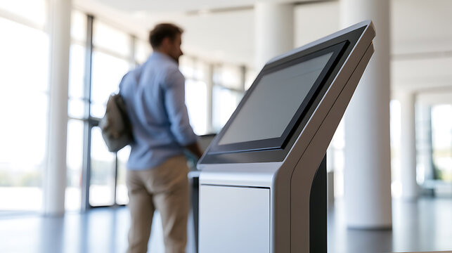 A man touch interactive kiosk screen in modern office lobby, business professional use digital touchscreen terminal for information service