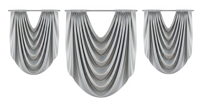 Three abstract grey drapery curtain fabric folds illustration isolated on transparent background, illustration