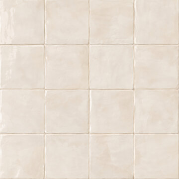 Cream square ceramic tiles texture background. Glossy zellige wall tiles mosaic pattern. Seamless beige porcelain splashback surface for kitchen or bathroom.